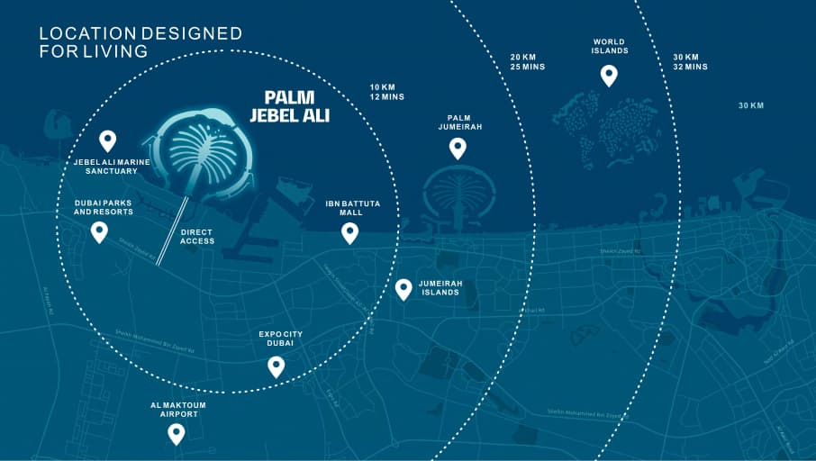 Location on map of Palm Jebel Ali